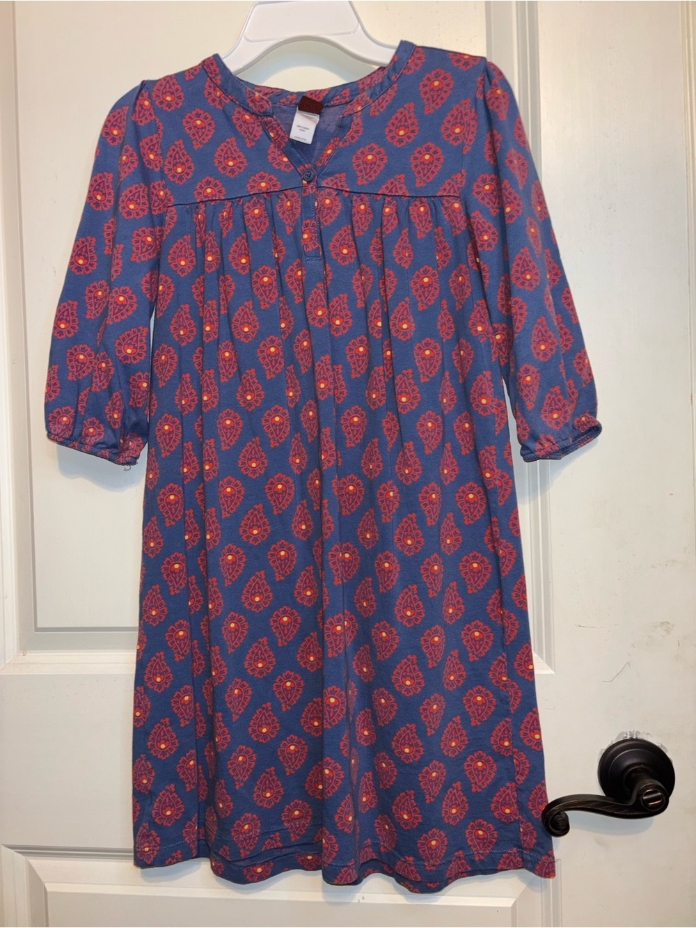Blue Paisley Print Girl’s Dress with Red Accents
